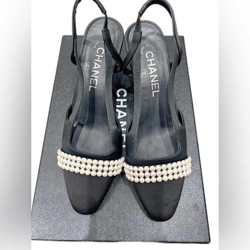 Authentic CHANEL Black Heels with Pearl Accents